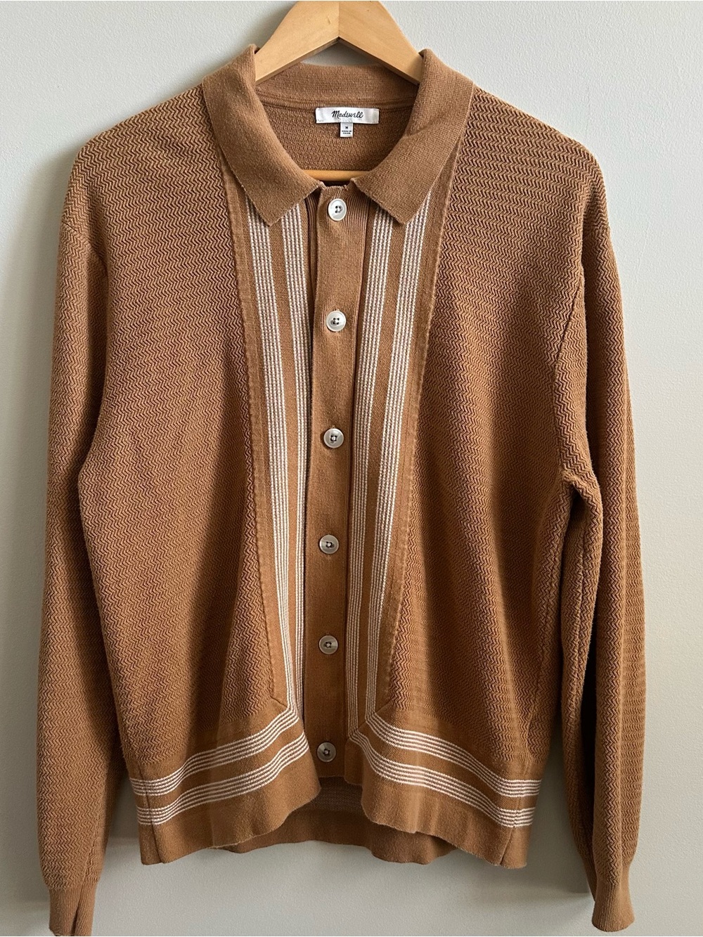 Madewell Men's 100% Cotton Knit Polo Cardigan Sweater Brown Cream Medium